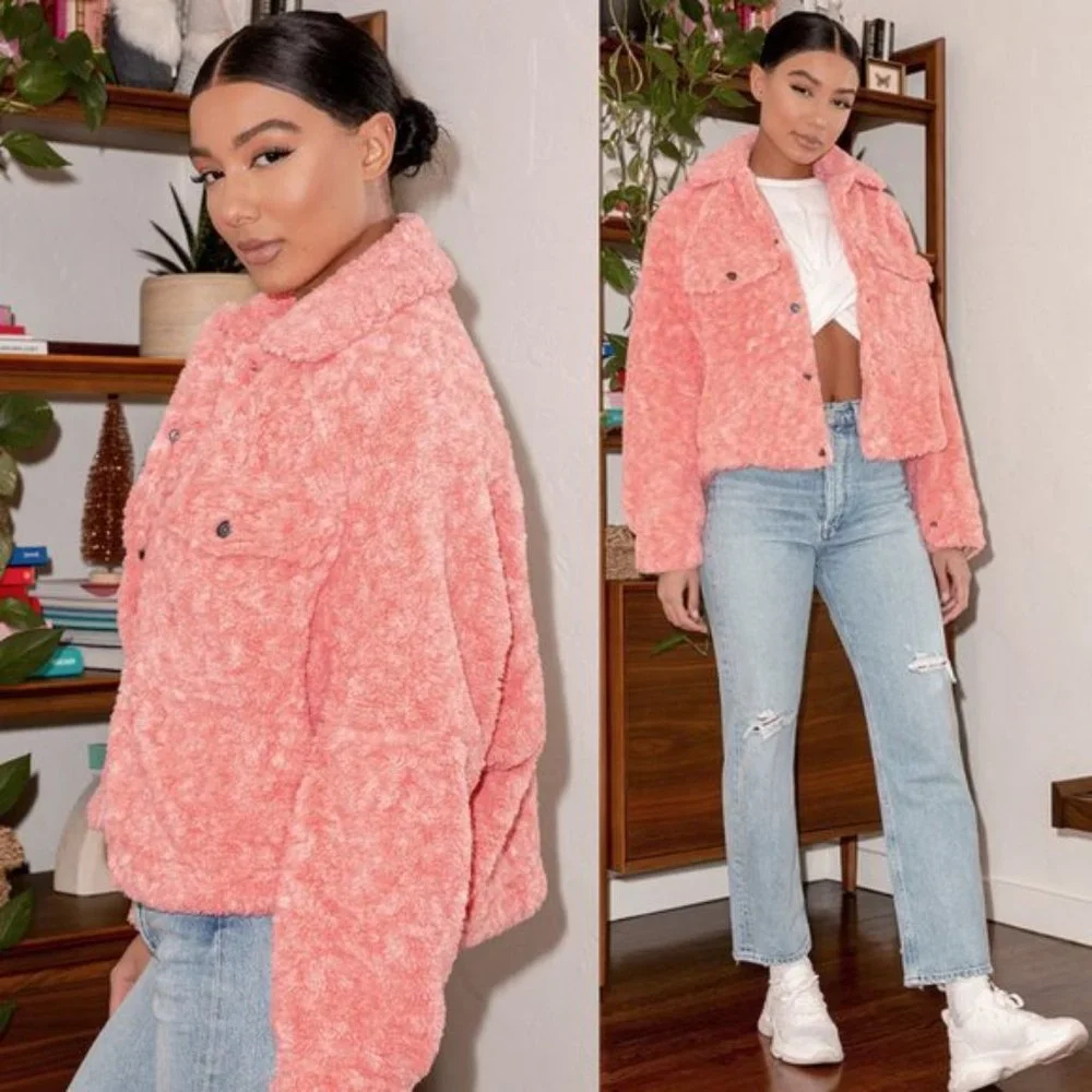 Free People Teddy Faux Fur Swing Cozy Jacket Melon Pink Coral sz XS - Picture 10 of 11